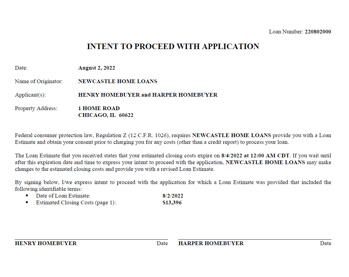 Intent to proceed with application