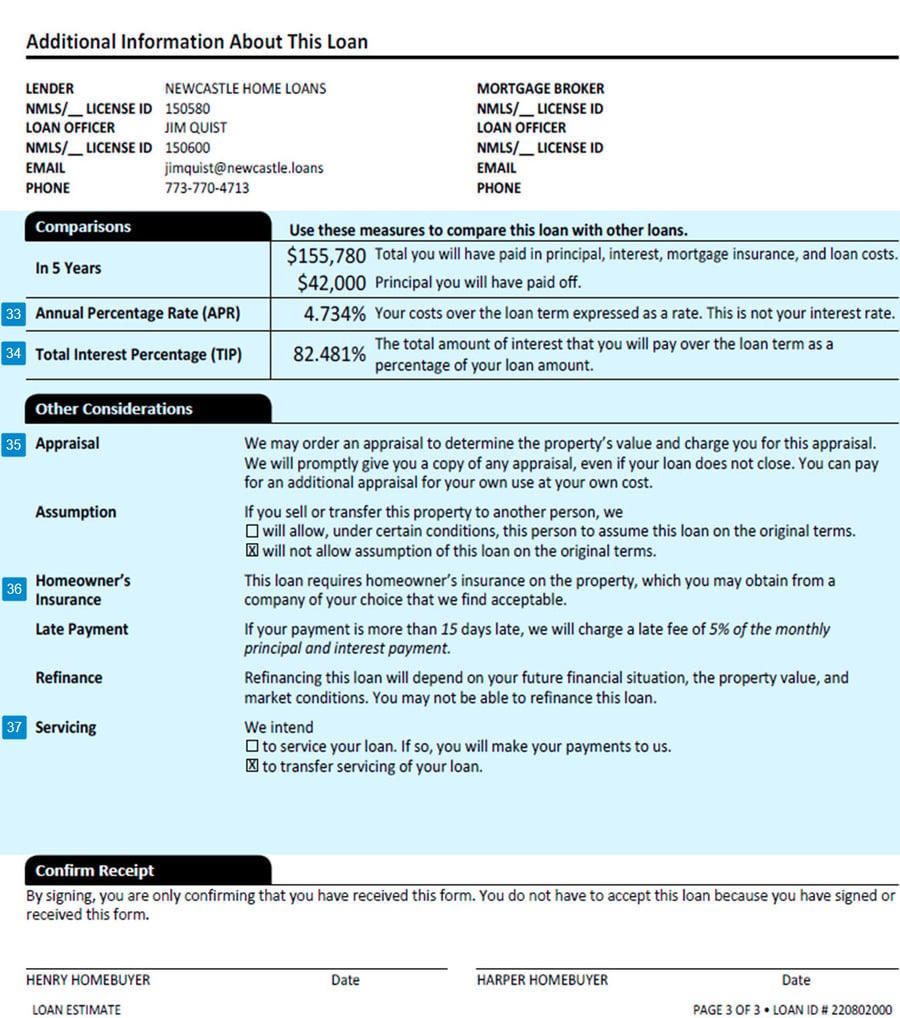 Loan Estimate Page 3 Newcastle Loans